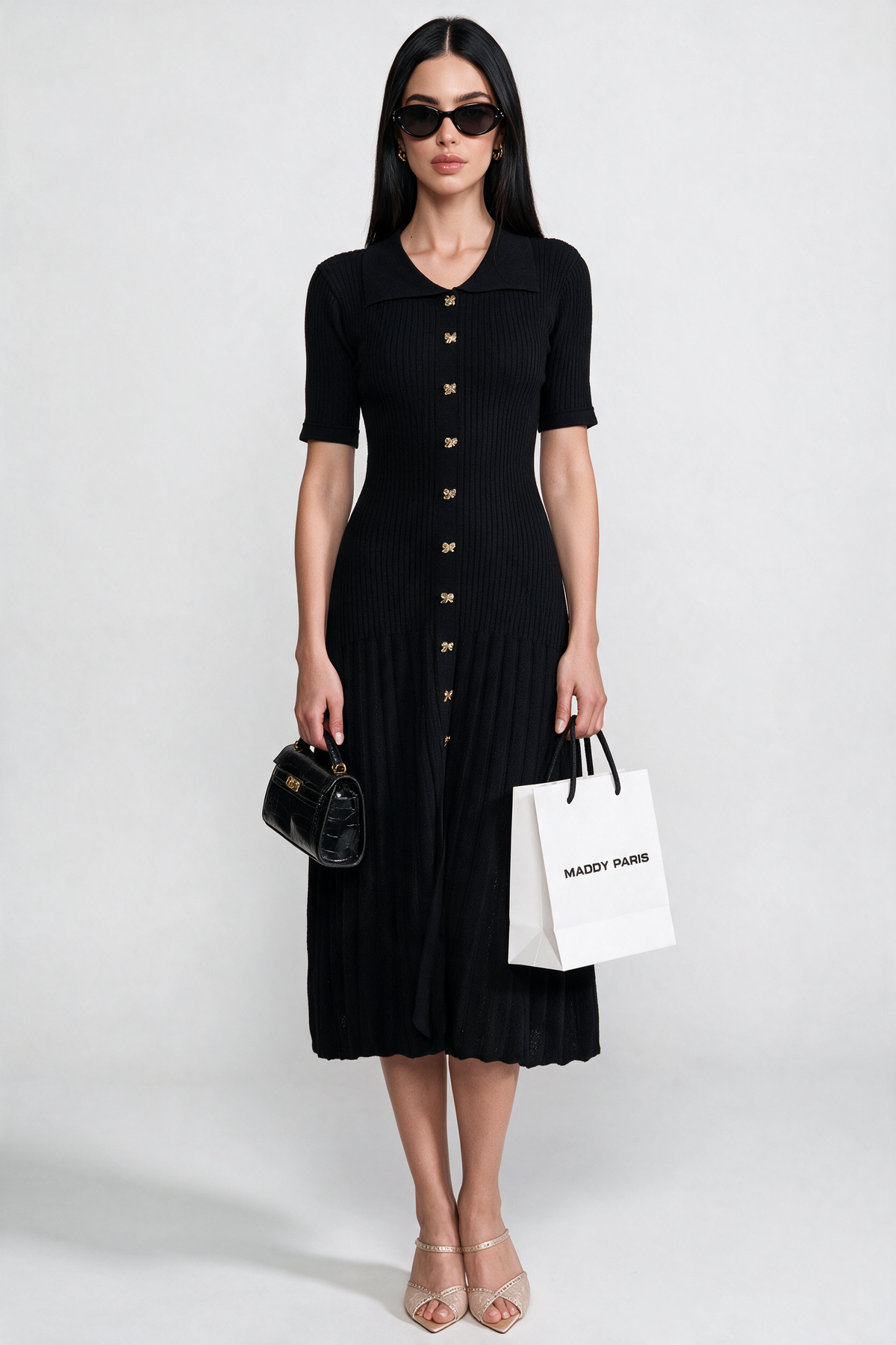 Ribbed Knit Midi Dress With Peter Pan Collar And Pleated Skirt - Black