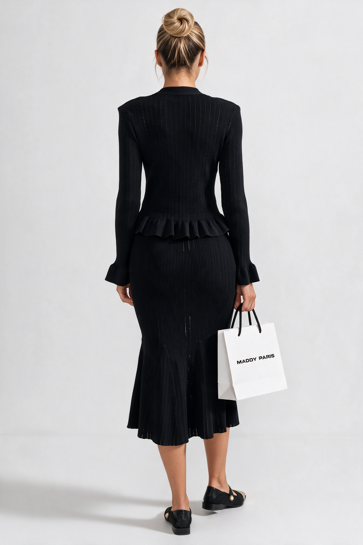 Ruffled Jacket & Flared Skirt Knit Matching Set - Black