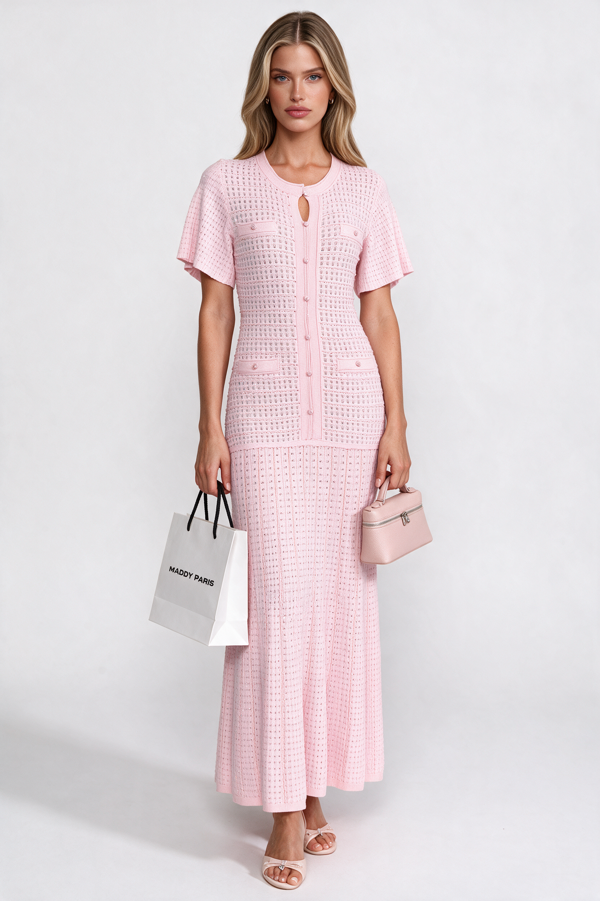 Short Sleeve Midi Dress With Shimmer Knit Texture - Pink