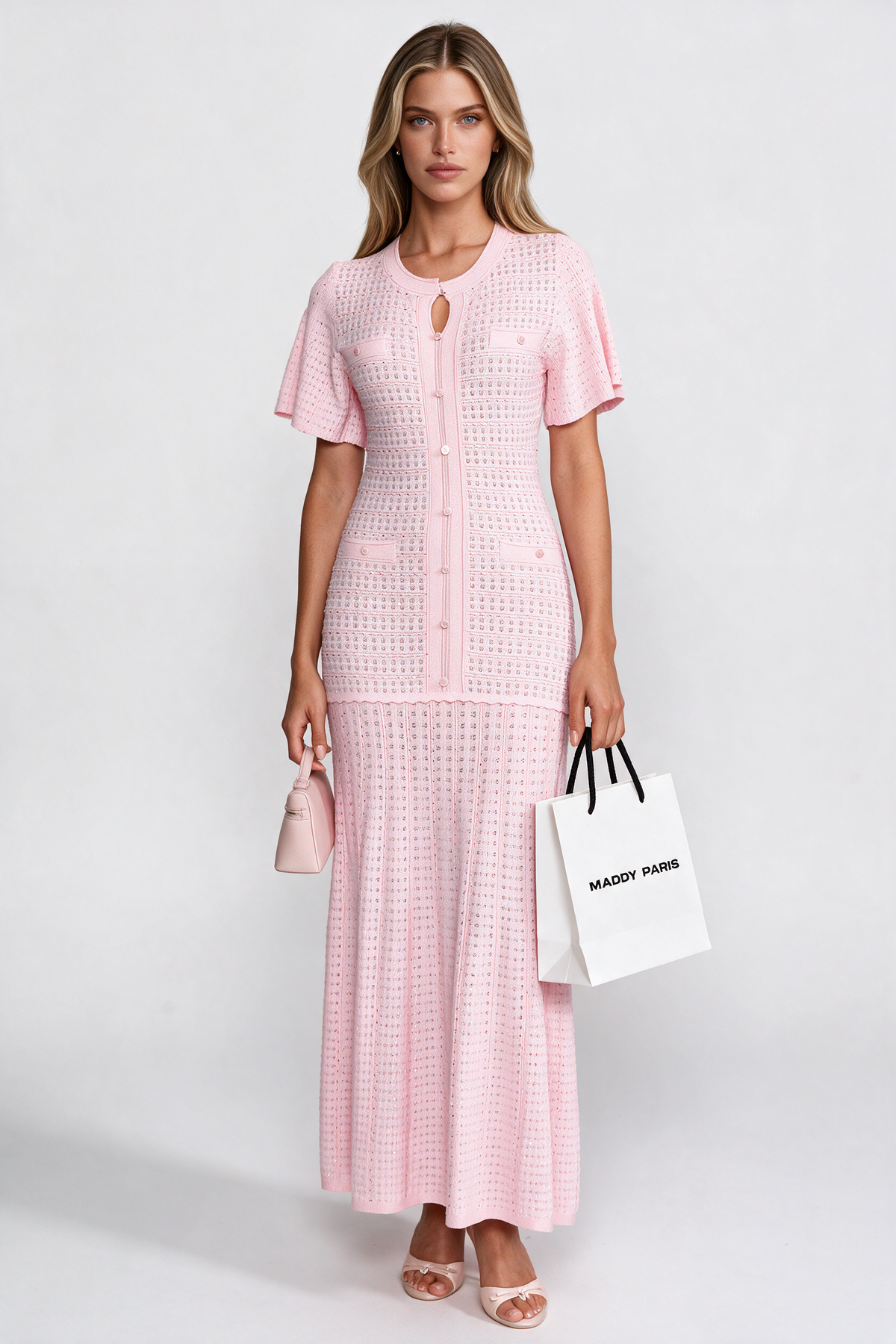 Short Sleeve Midi Dress With Shimmer Knit Texture - Pink