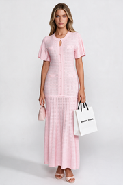 Yvonne Pink Short Sleeve Midi Dress With Shimmer Knit Texture