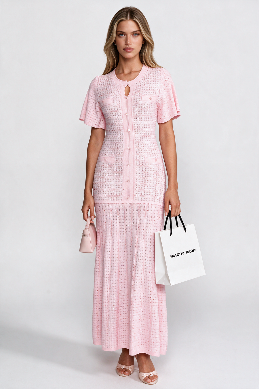 Short Sleeve Midi Dress With Shimmer Knit Texture - Pink
