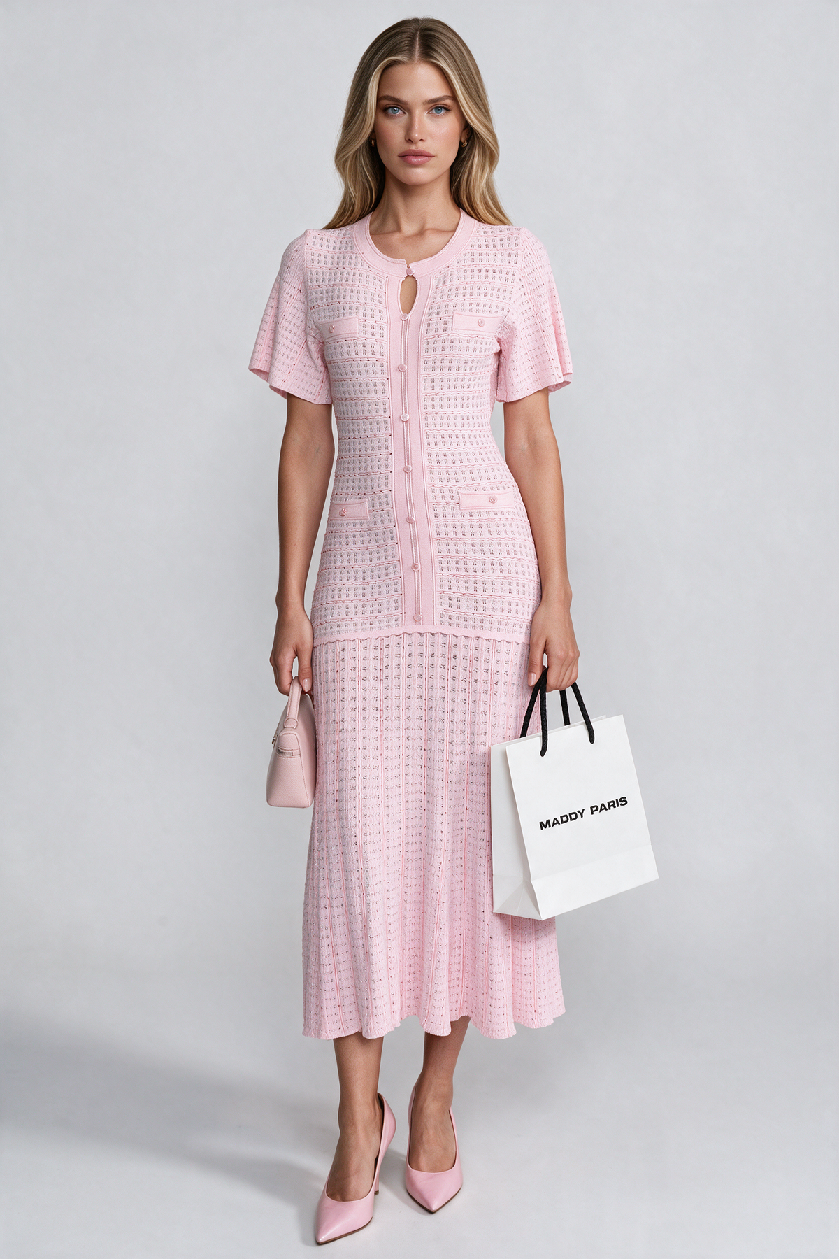 Short Sleeve Midi Dress With Shimmer Knit Texture - Pink