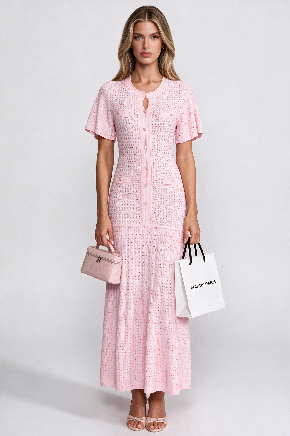 Short Sleeve Midi Dress With Shimmer Knit Texture - Pink