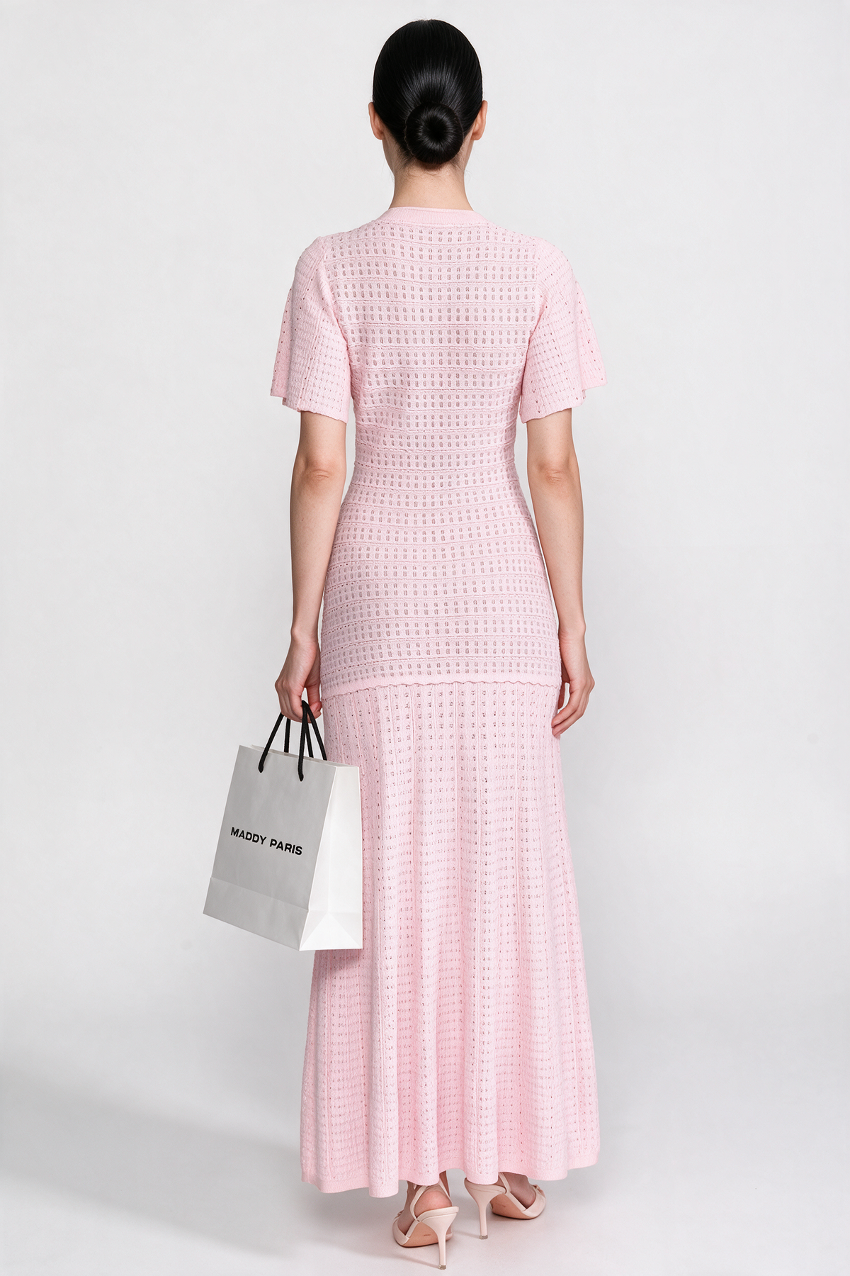 Short Sleeve Midi Dress With Shimmer Knit Texture - Pink