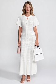 Yvonne White Short Sleeve Midi Dress With Shimmer Knit Texture