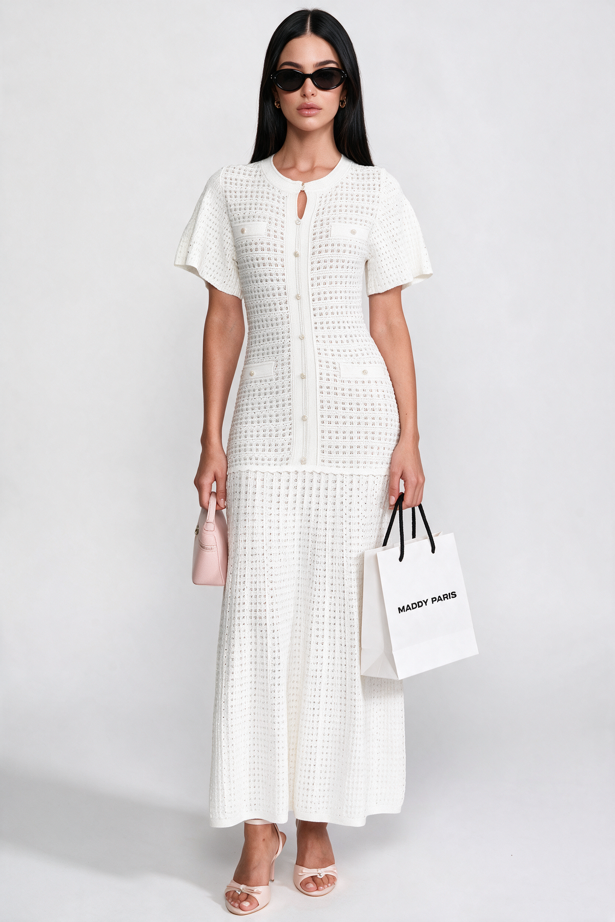 Short Sleeve Shimmer Knit Dress - White