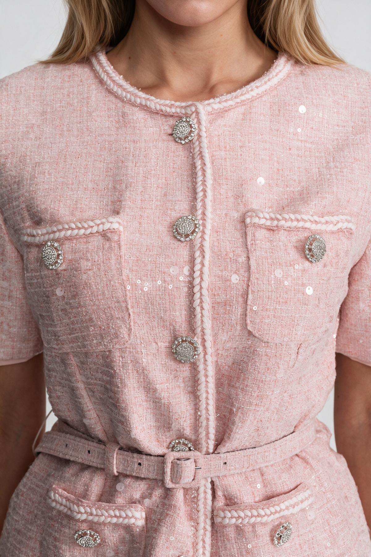 Embellished Tweed Midi Dress with Pleated Chiffon Skirt – Blush Pink