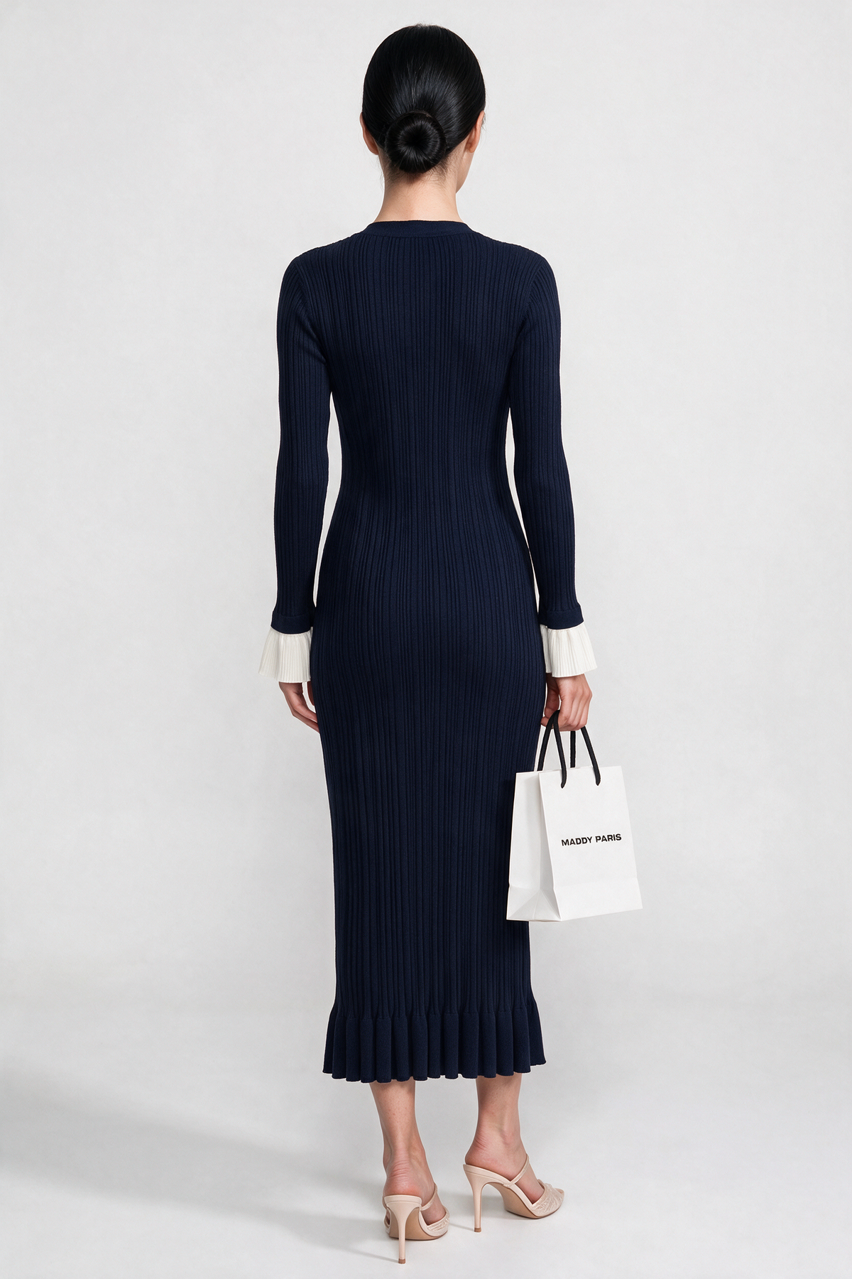 Long-Sleeve Button-Front Pleated Knit Maxi Dress With Contrast Cuffs - Navy