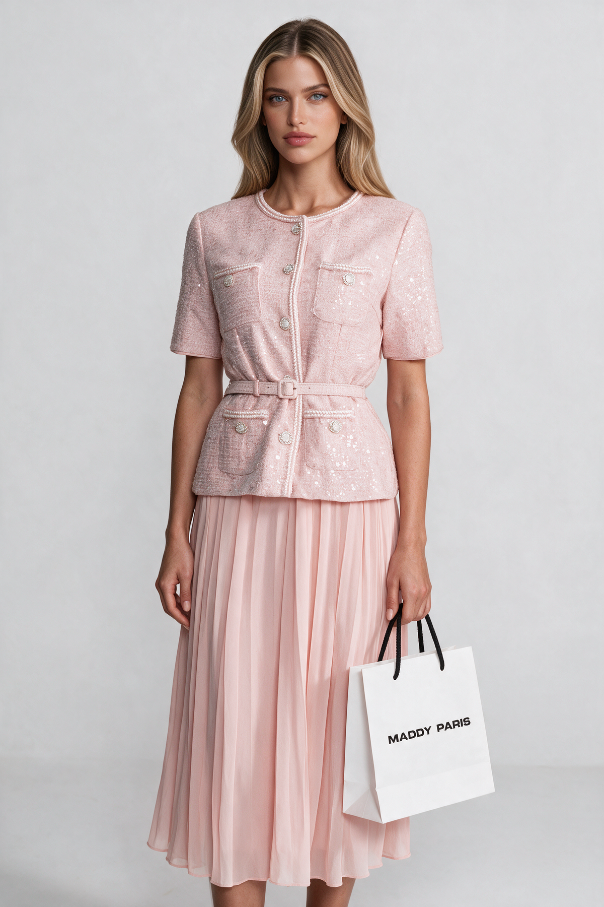 Embellished Tweed Midi Dress with Pleated Chiffon Skirt – Blush Pink