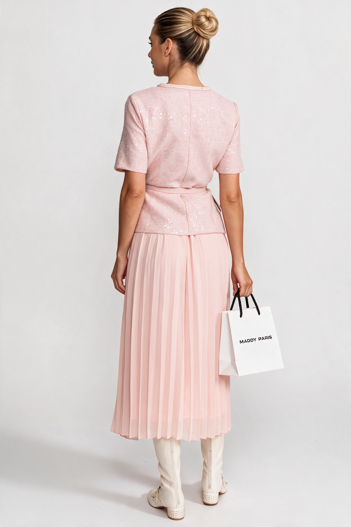 Embellished Tweed Midi Dress with Pleated Chiffon Skirt – Blush Pink
