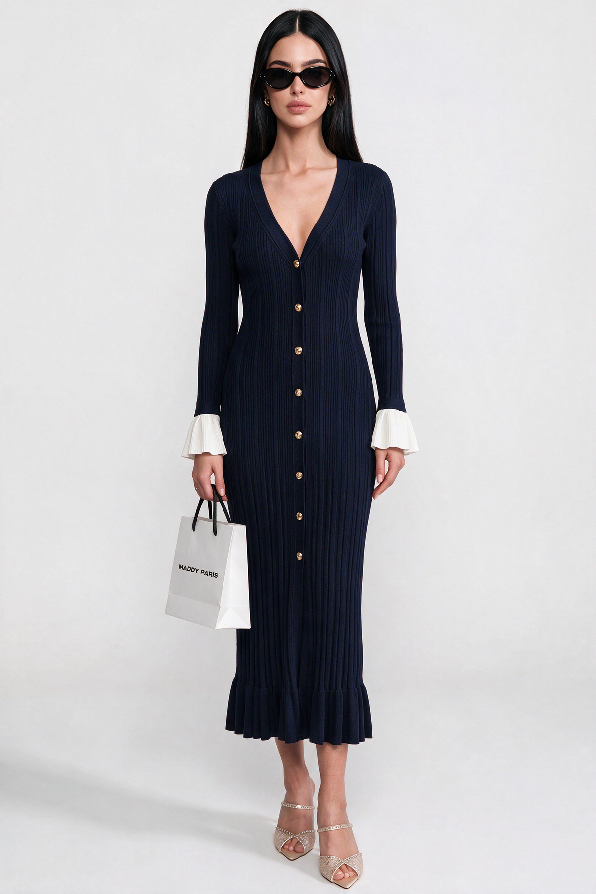 Long-Sleeve Button-Front Pleated Knit Maxi Dress With Contrast Cuffs - Navy