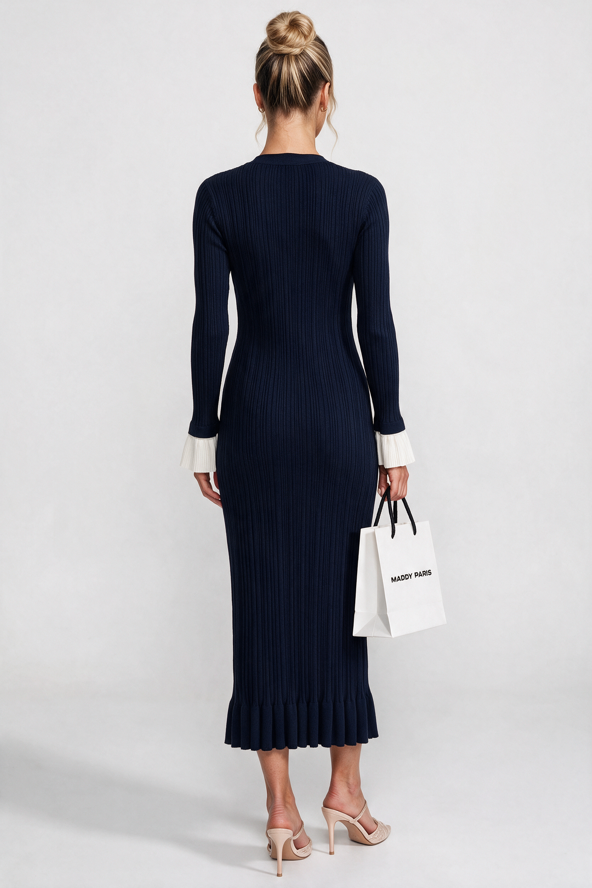 Long-Sleeve Button-Front Pleated Knit Maxi Dress With Contrast Cuffs - Navy