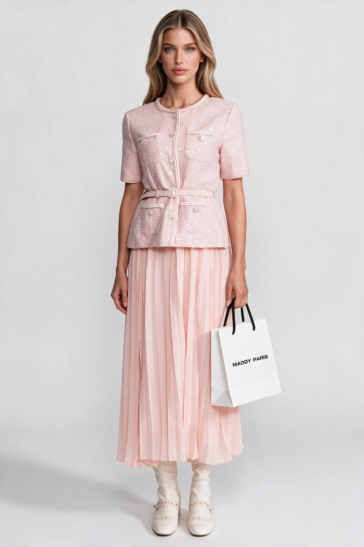 Embellished Tweed Midi Dress with Pleated Chiffon Skirt – Blush Pink