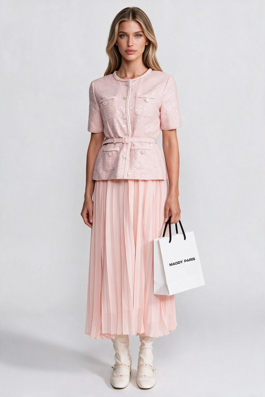 Embellished Tweed Midi Dress with Pleated Chiffon Skirt – Blush Pink