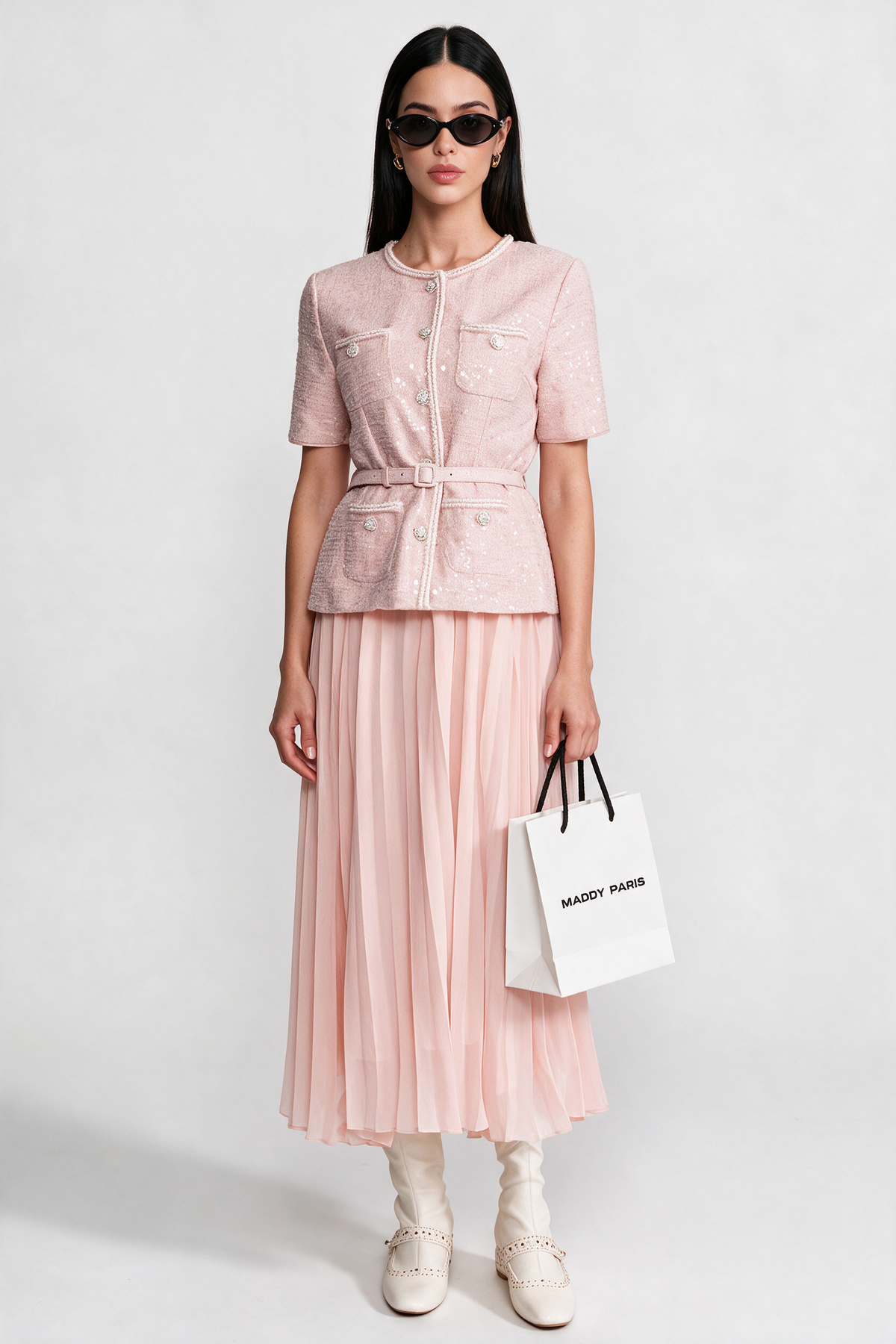 Embellished Tweed Midi Dress with Pleated Chiffon Skirt – Blush Pink