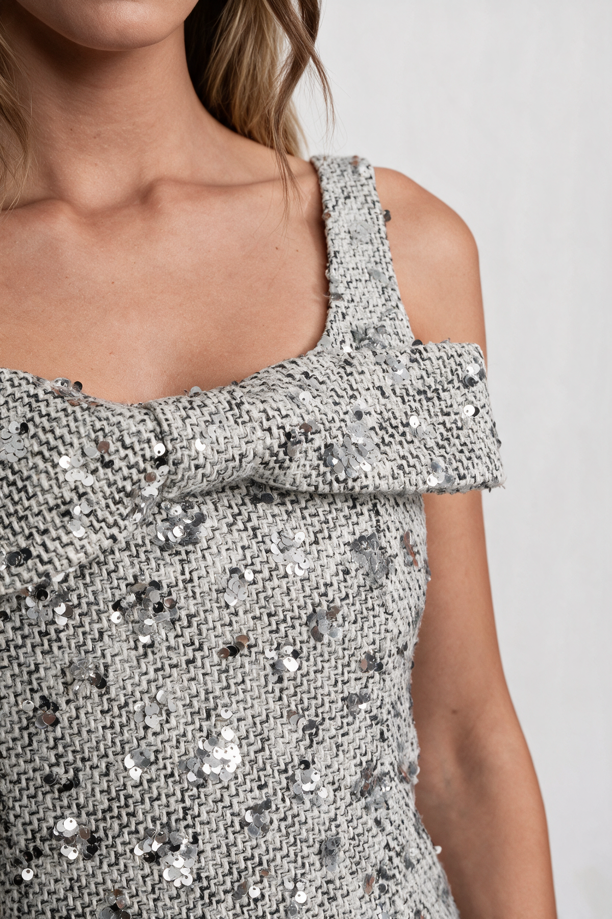 Sequin Tweed Bow Mini Dress With Square Neck - Silver