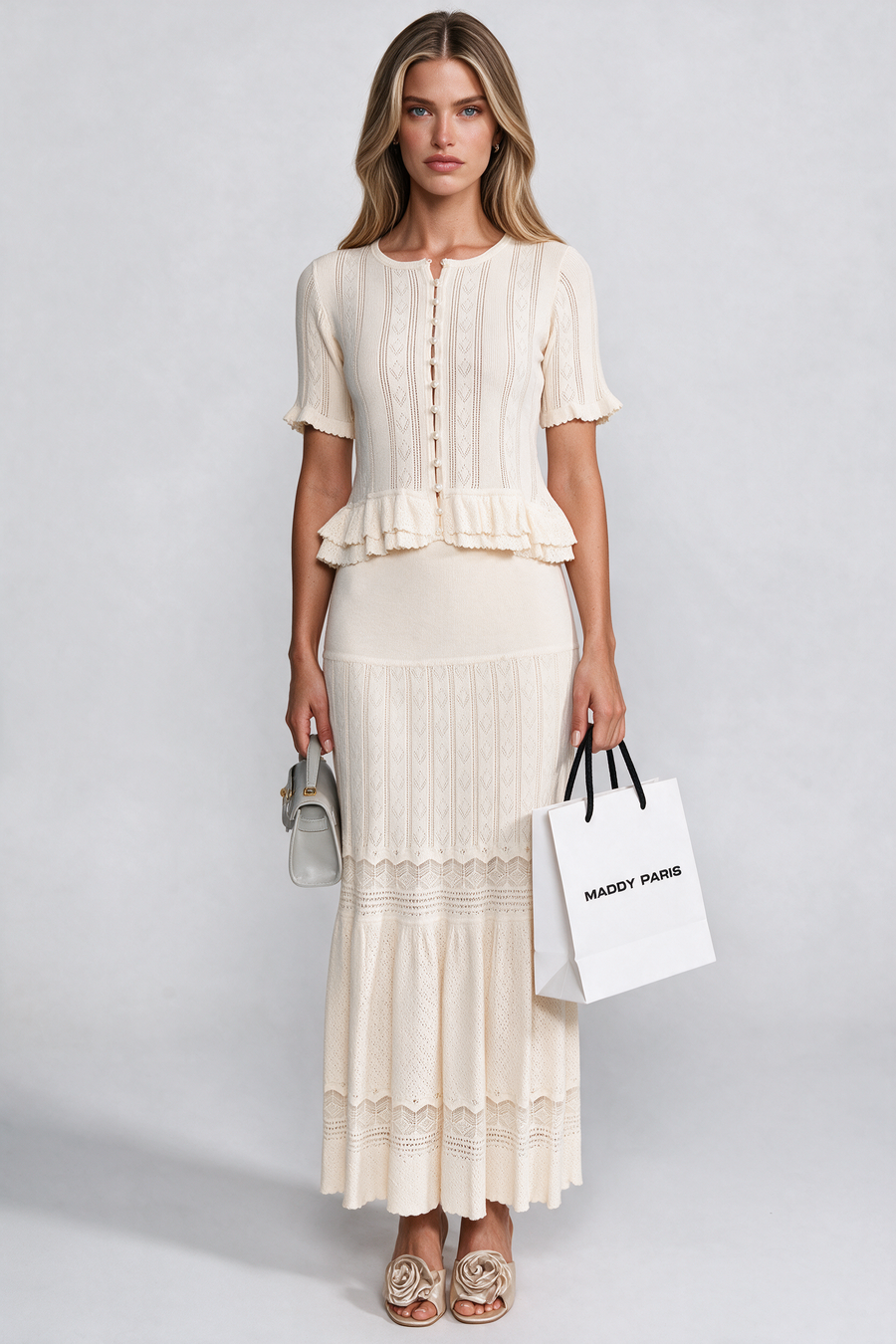 Two-Piece Knit Co-Ord Set With Ruffled Waist - Ivoire