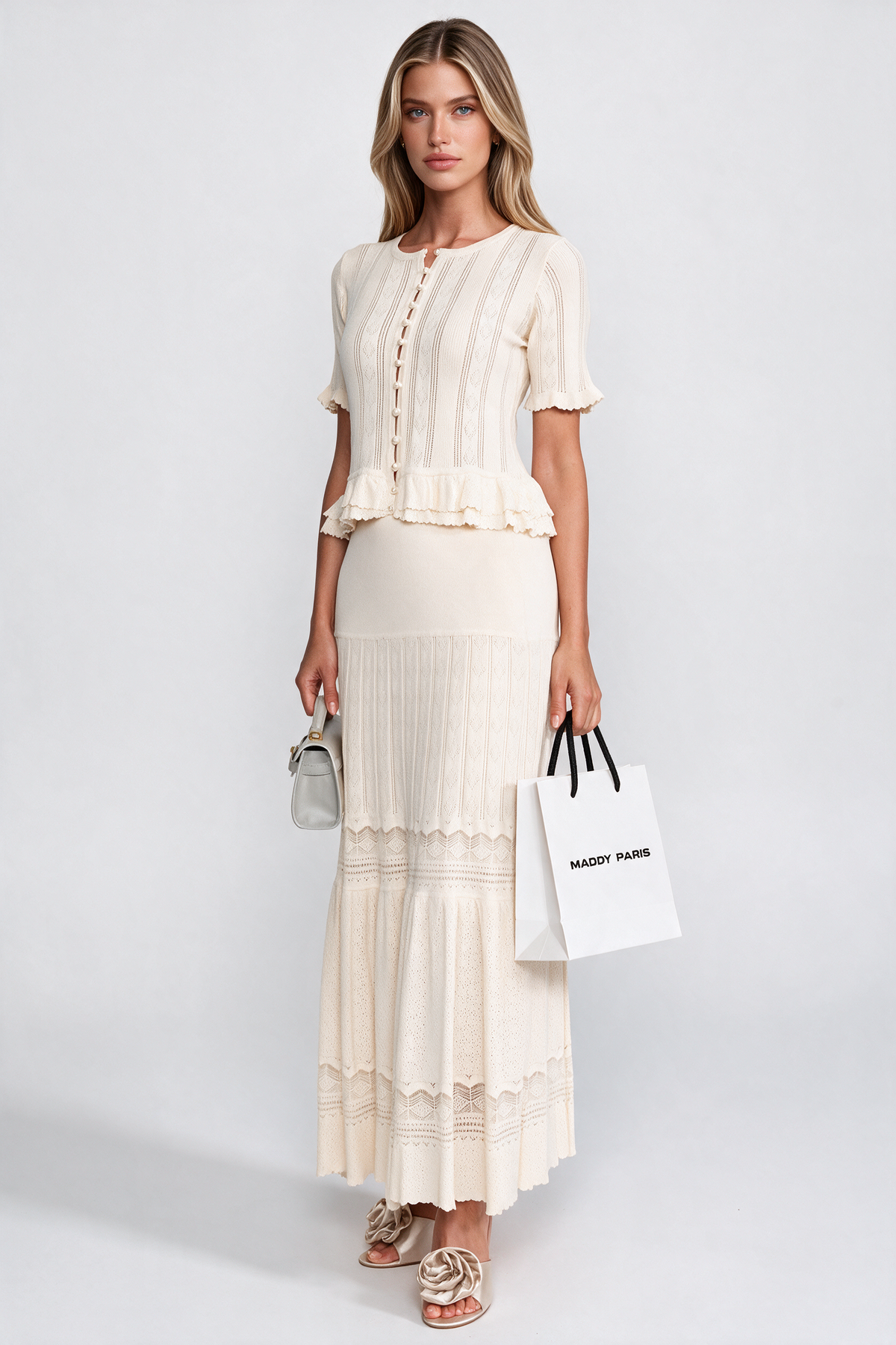 Two-Piece Knit Co-Ord Set With Ruffled Waist - Ivoire