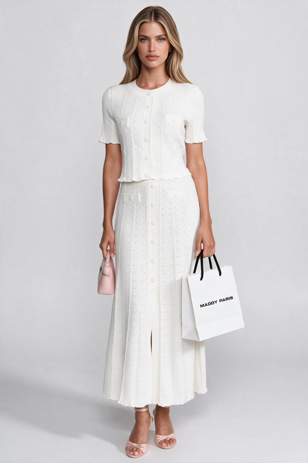 Ribbed Knit Co-Ord Set With Buttoned Front Cardigan And Matching Maxi Skirt - White
