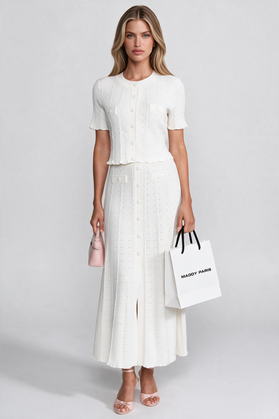 Ribbed Knit Co-Ord Set With Buttoned Front Cardigan And Matching Maxi Skirt - White