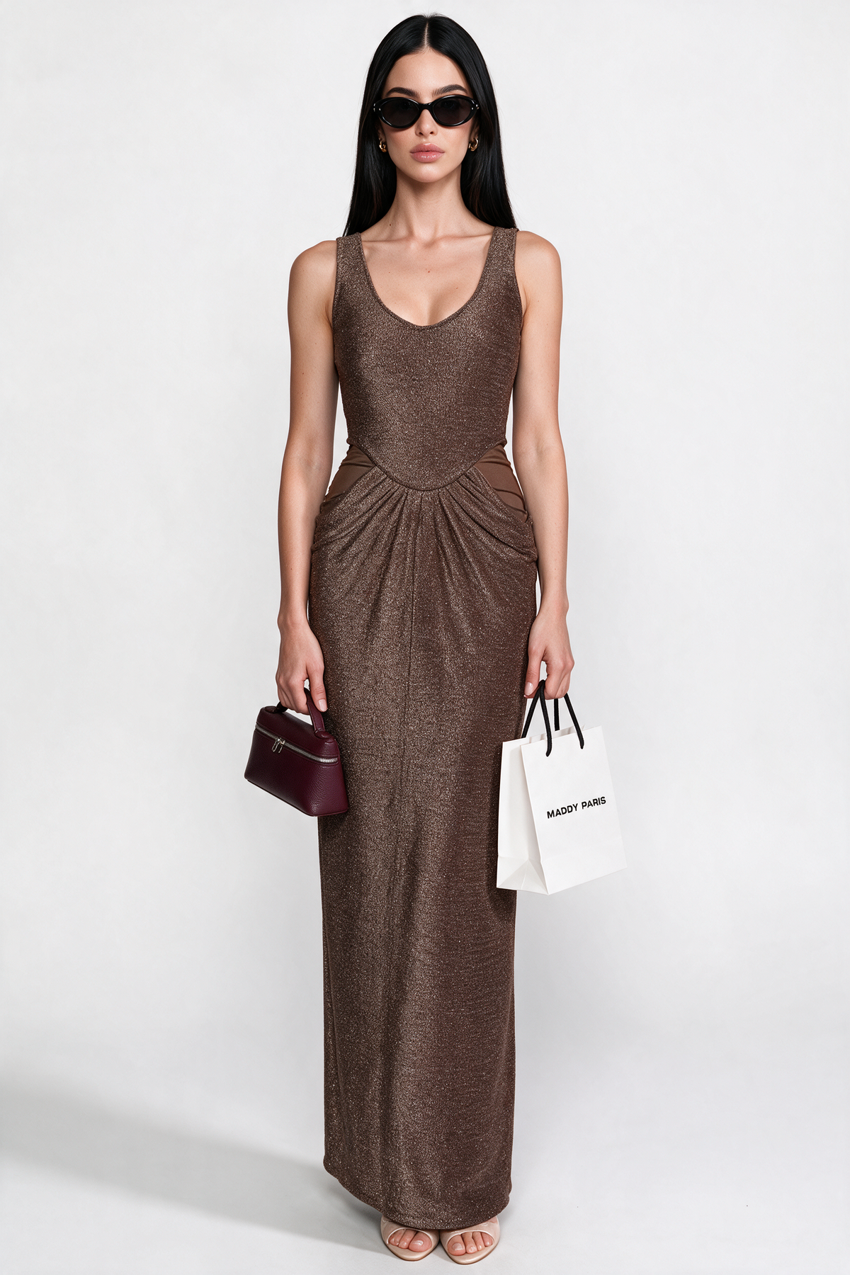 Metallic Knit Cutout Column Gown With Scoop Neck - Coffee