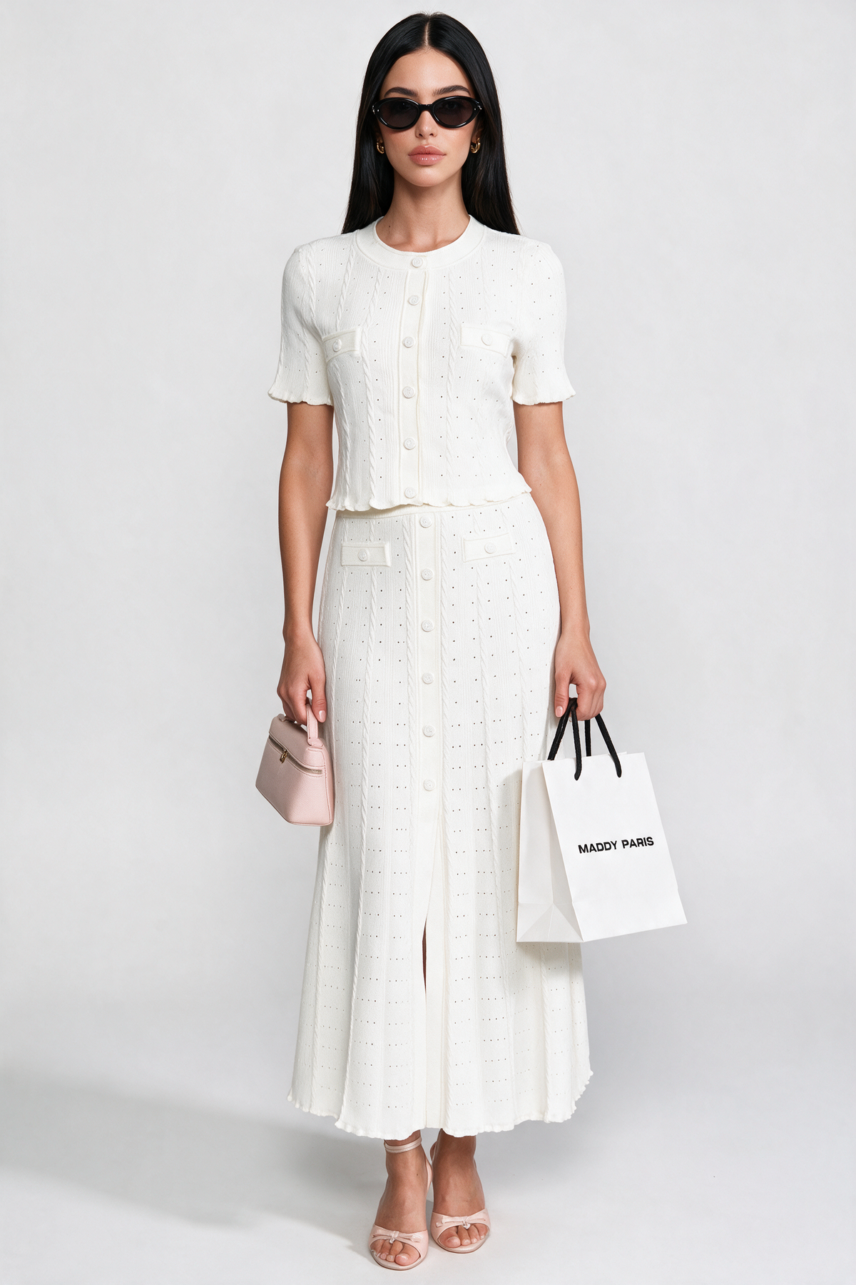 Ribbed Knit Co-Ord Set With Buttoned Front Cardigan And Matching Maxi Skirt - White