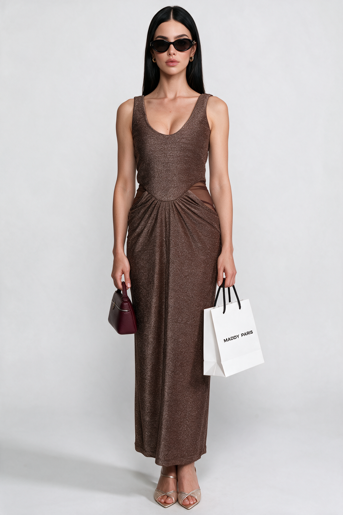 Metallic Knit Cutout Column Gown With Scoop Neck - Coffee