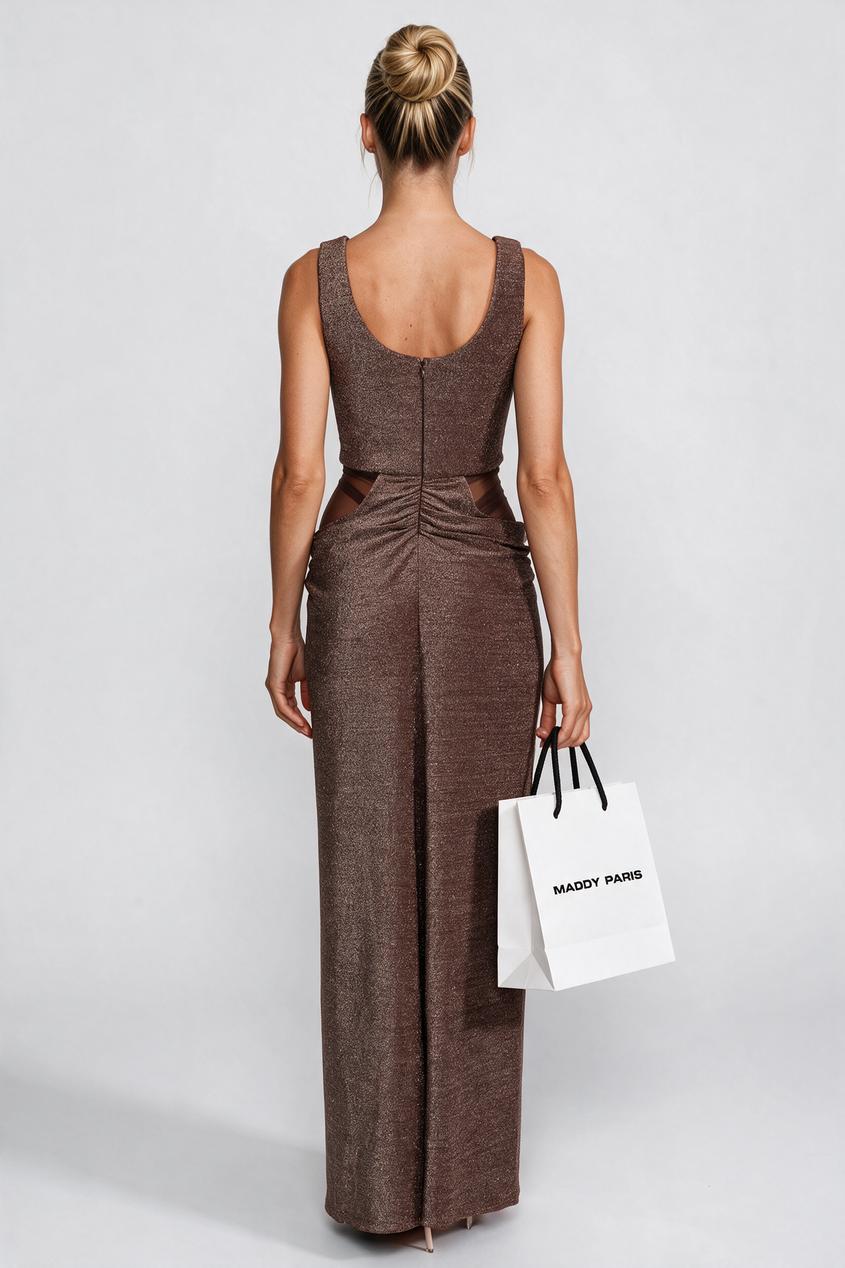 Metallic Knit Cutout Column Gown With Scoop Neck - Coffee