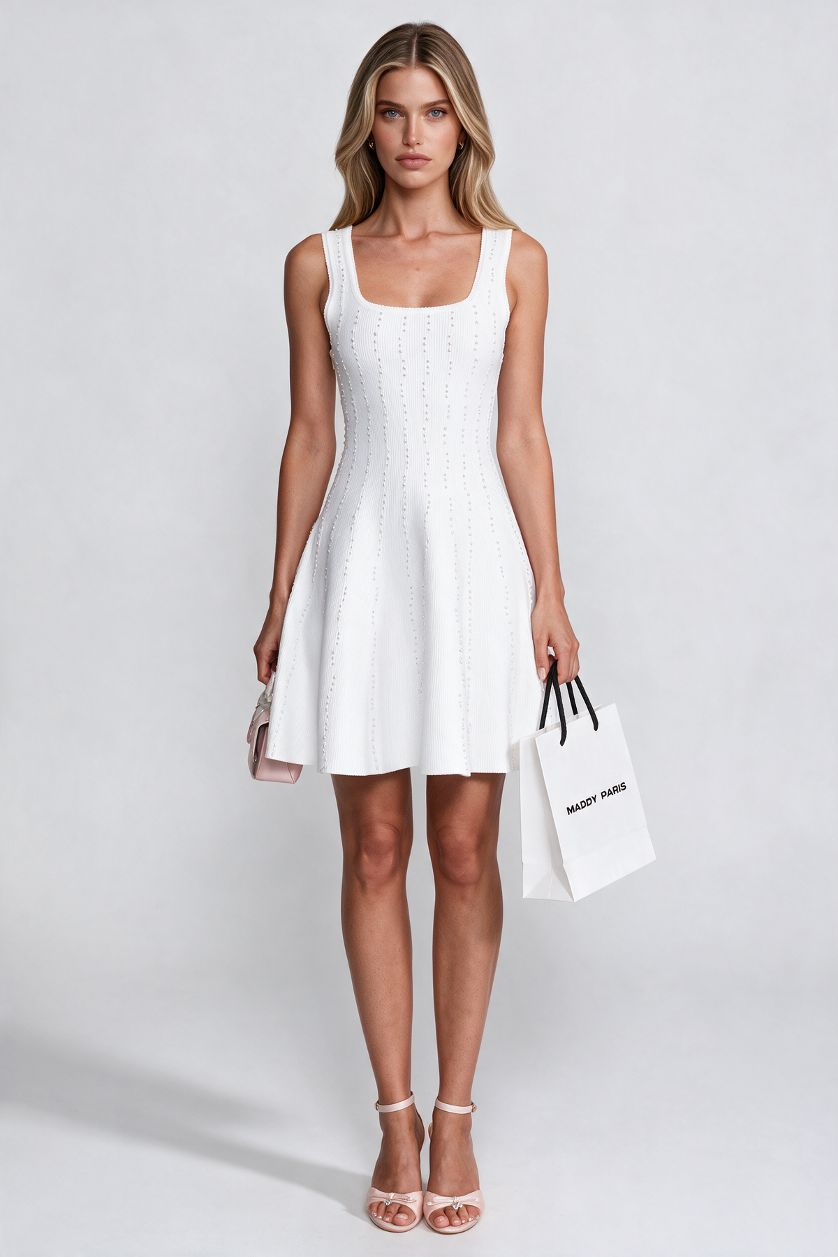 Pearl Beaded Ribbed Mini Dress With Square Neck - White