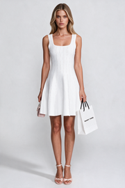 Justine White Pearl Beaded Ribbed Mini Dress With Square Neck
