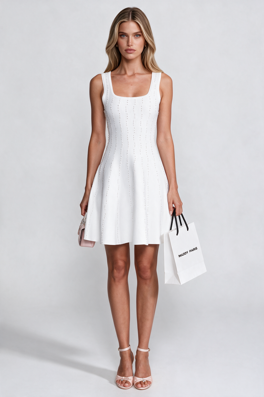Pearl Beaded Ribbed Mini Dress With Square Neck - White