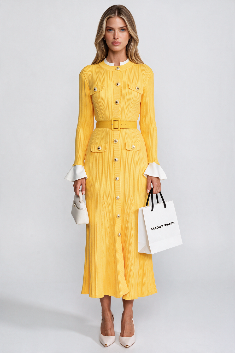 Ribbed Knit Belted Midi Dress With White Cuffs And Collar - Yellow