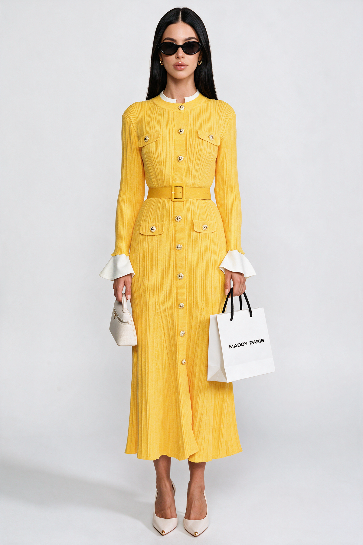 Ribbed Knit Belted Midi Dress With White Cuffs And Collar - Yellow