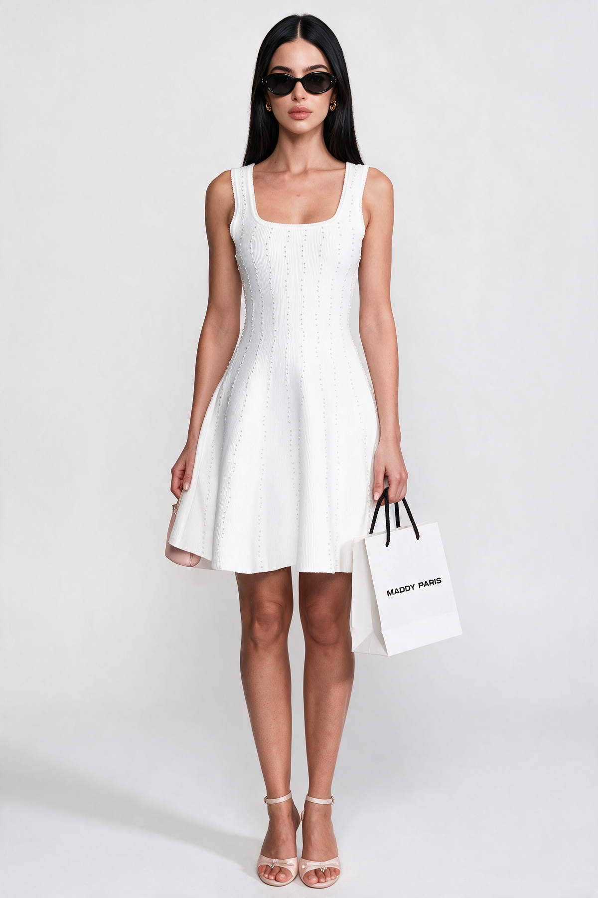 Pearl Beaded Ribbed Mini Dress With Square Neck - White