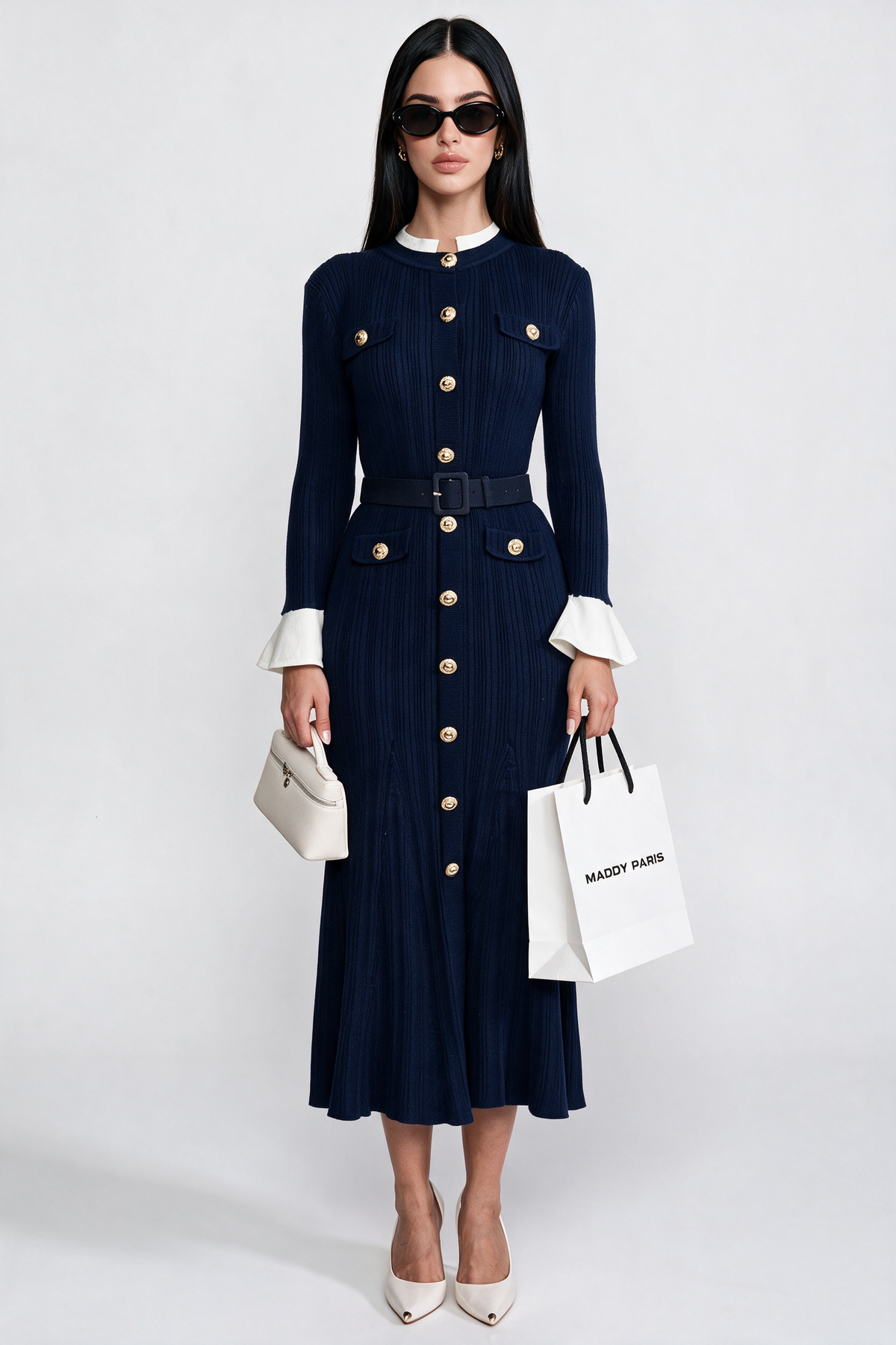 Ribbed Knit Belted Midi Dress With White Cuffs And Collar - Navy