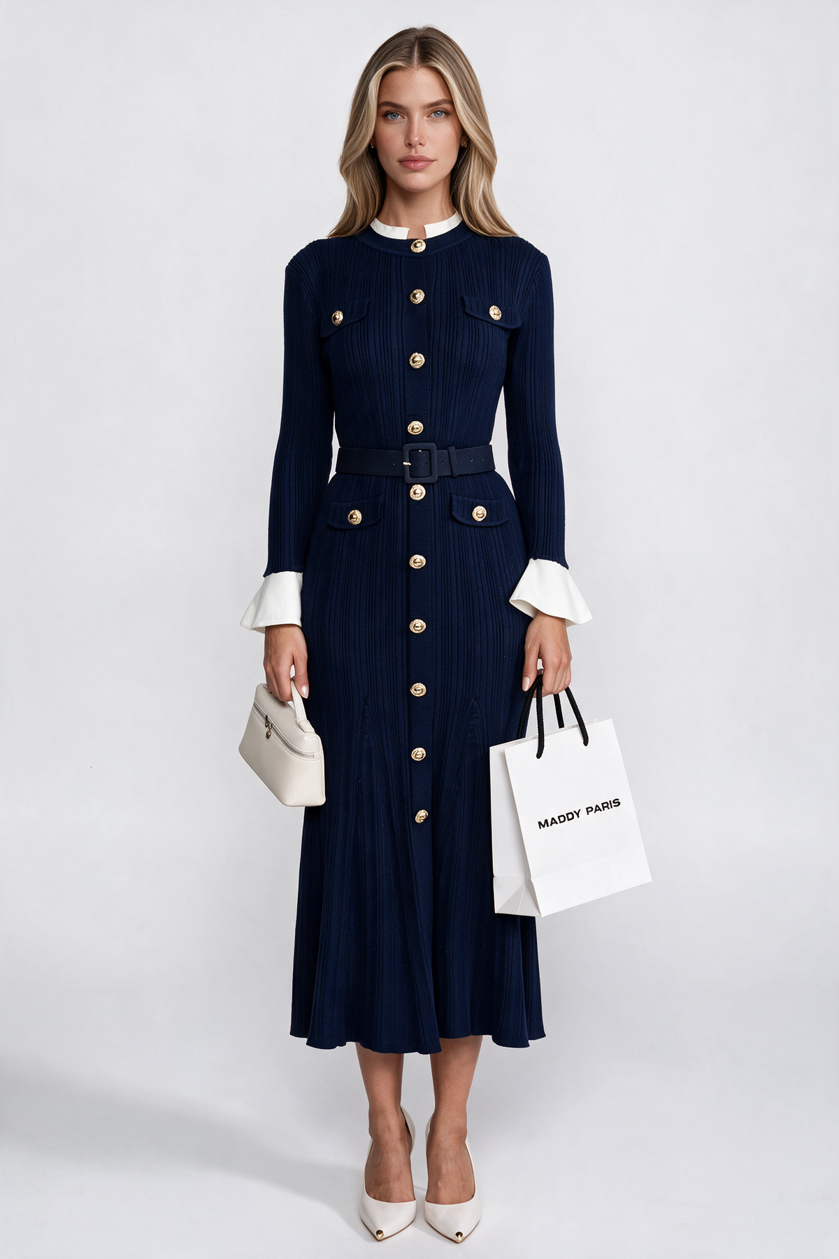 Ribbed Knit Belted Midi Dress With White Cuffs And Collar - Navy