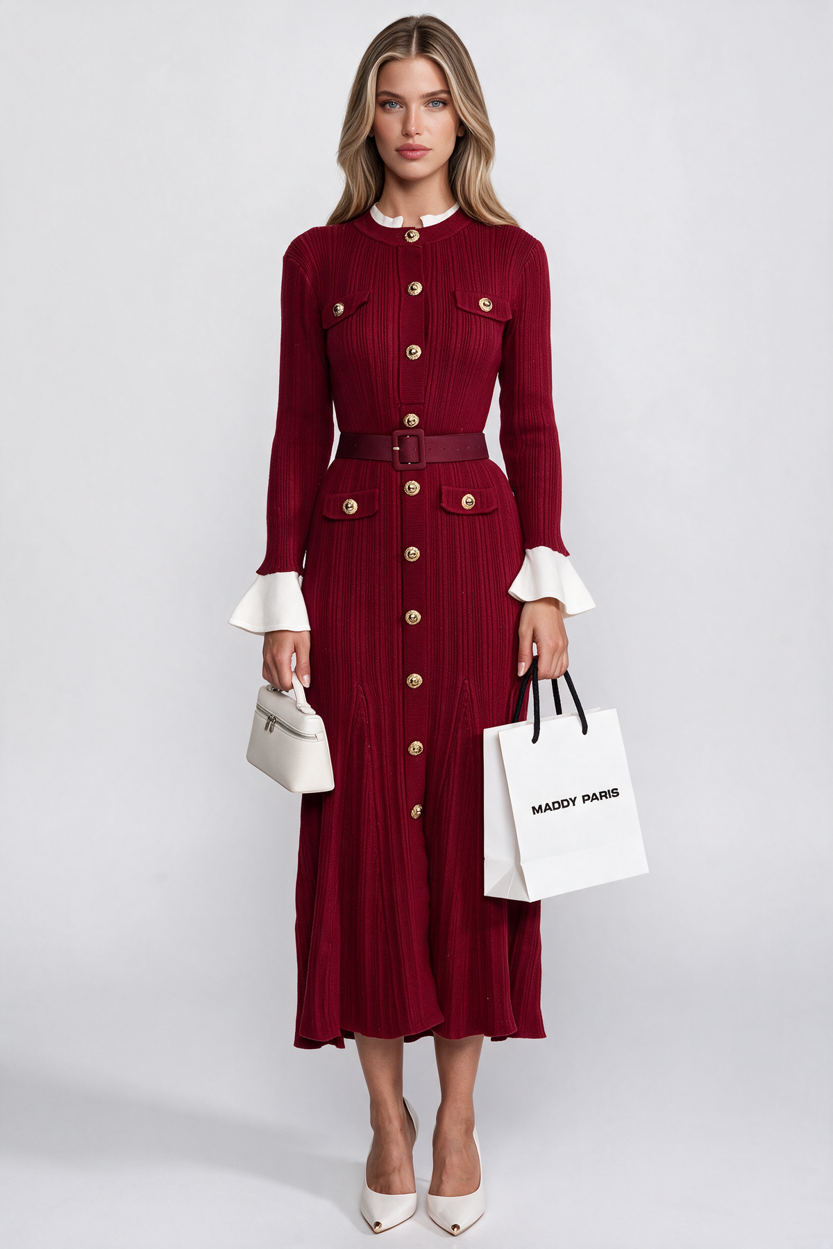 Ribbed Knit Belted Midi Dress With White Cuffs And Collar - Burgundy