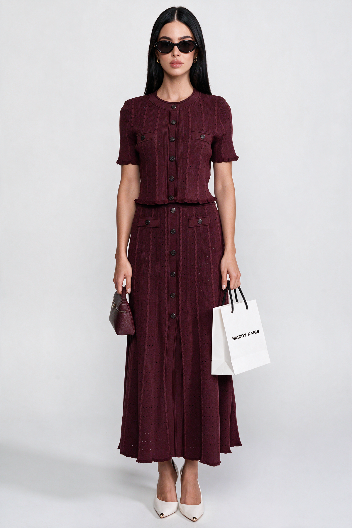 Ribbed Knit Co-Ord Set With Buttoned Front Cardigan And Matching Maxi Skirt - Burgundy