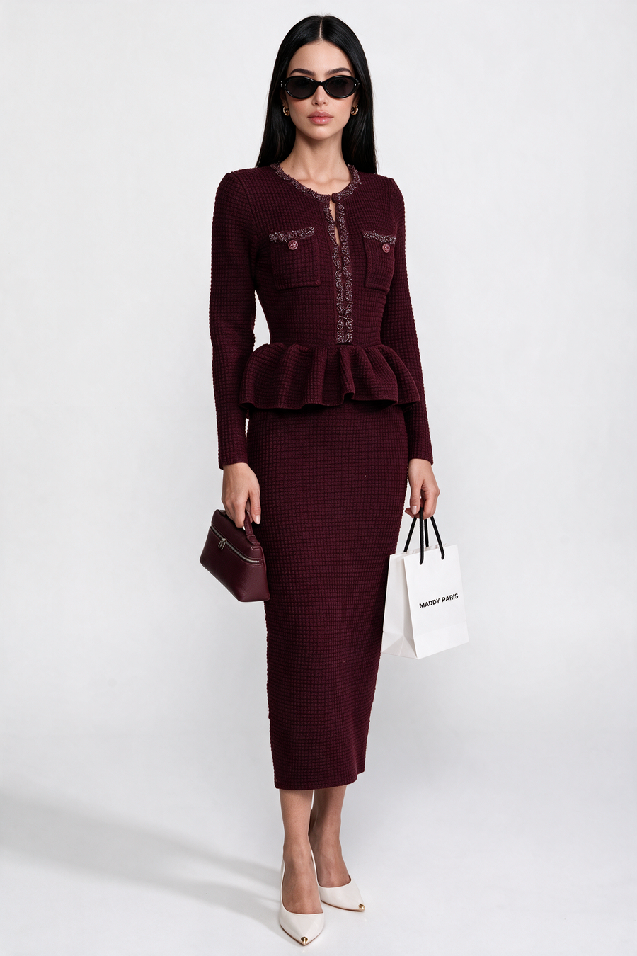 Fringe Trim Knit Peplum Dress With Front Chest Pockets - Burgundy