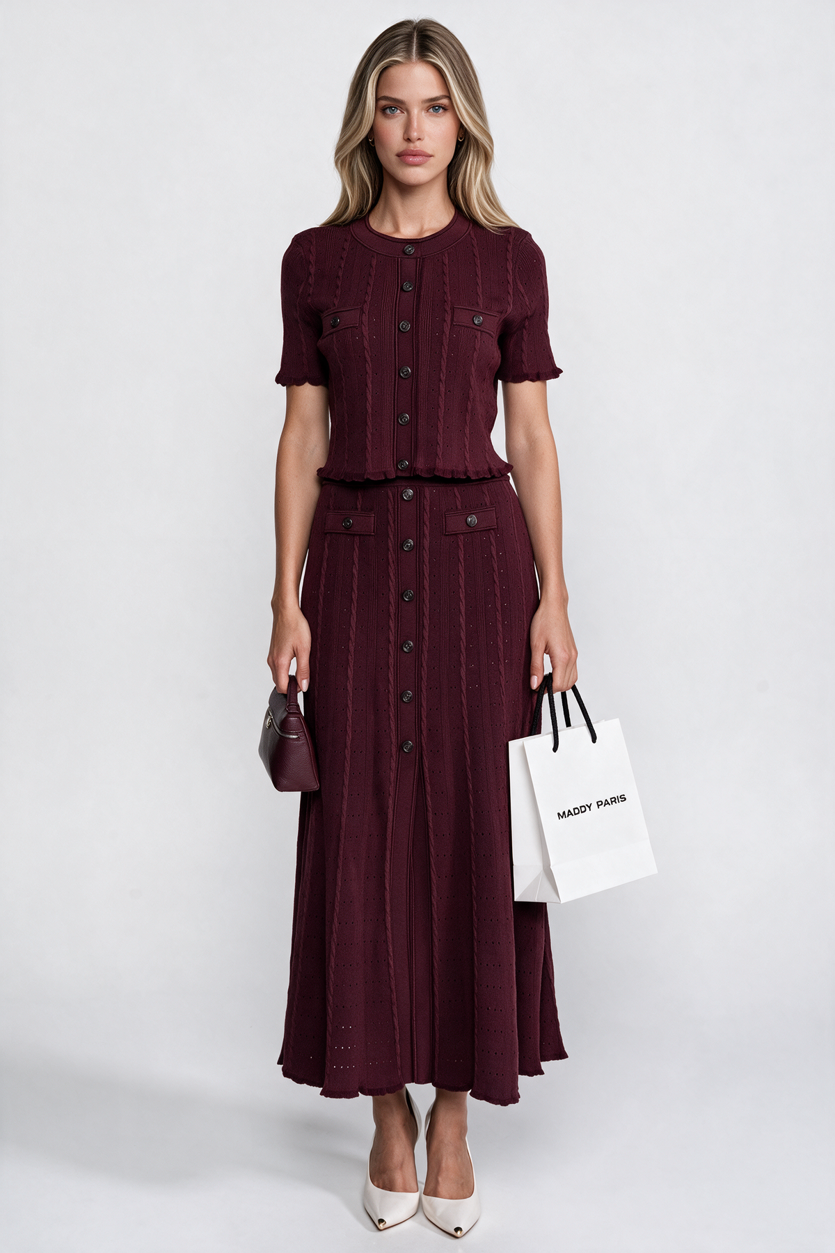 Ribbed Knit Co-Ord Set With Buttoned Front Cardigan And Matching Maxi Skirt - Burgundy