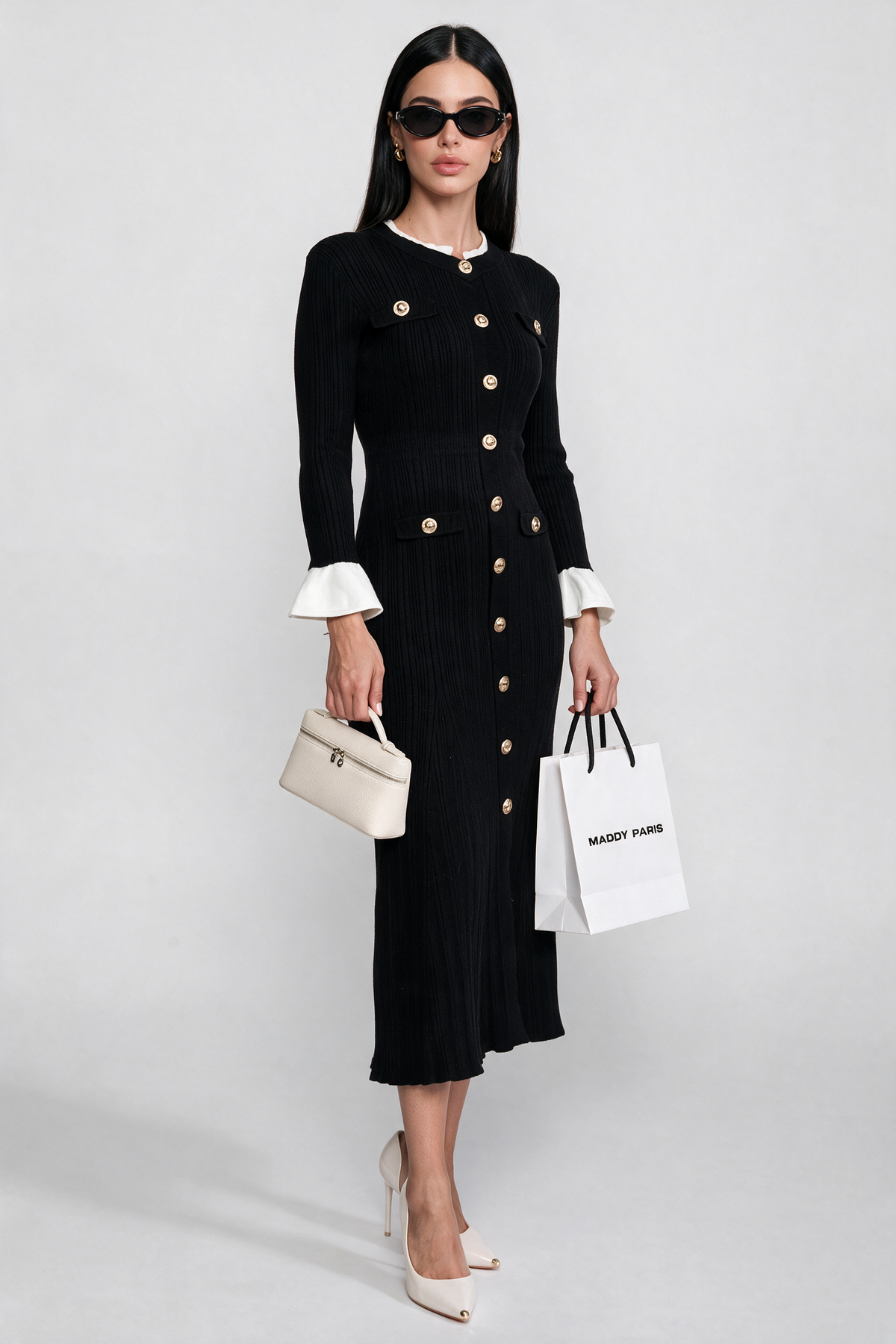 Ribbed Knit Midi Dress With White Cuffs And Collar - Black