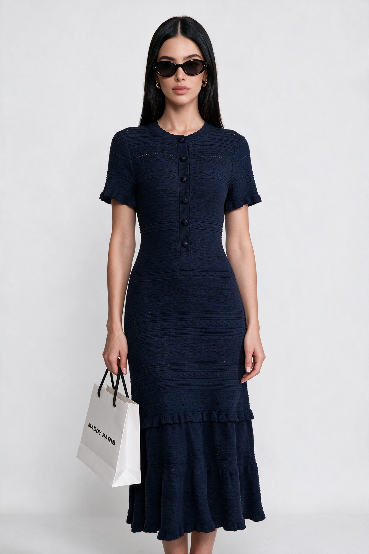 Ruffle Hem Knit Midi Dress With Button Front - Navy