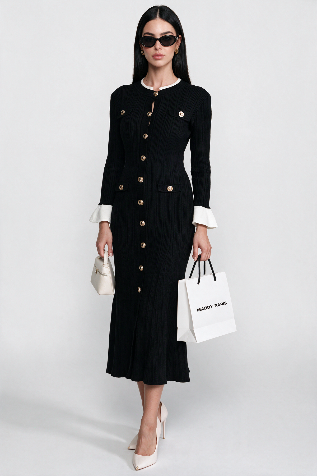 Ribbed Knit Midi Dress With White Cuffs And Collar - Black