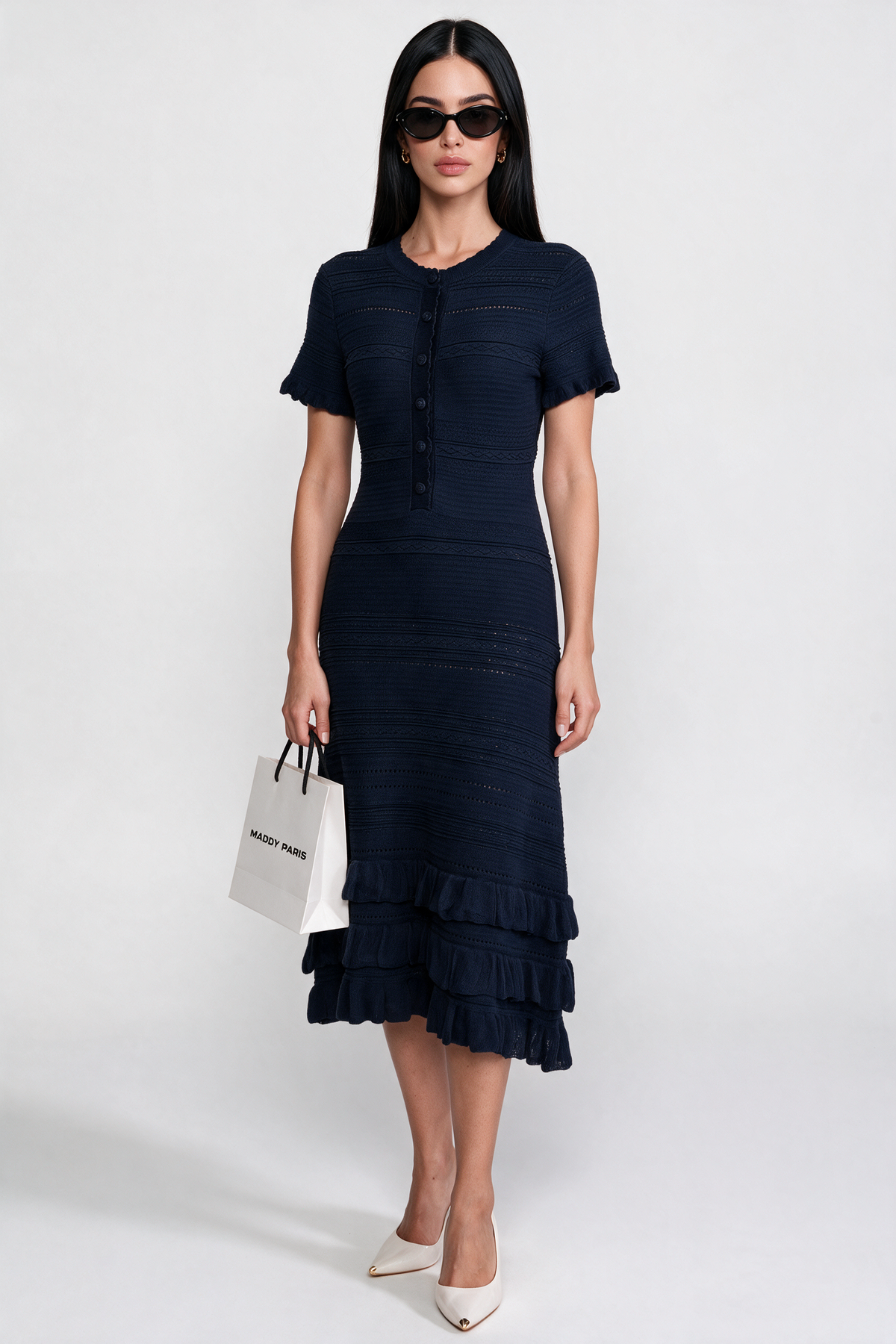 Ruffle Hem Knit Midi Dress With Button Front - Navy
