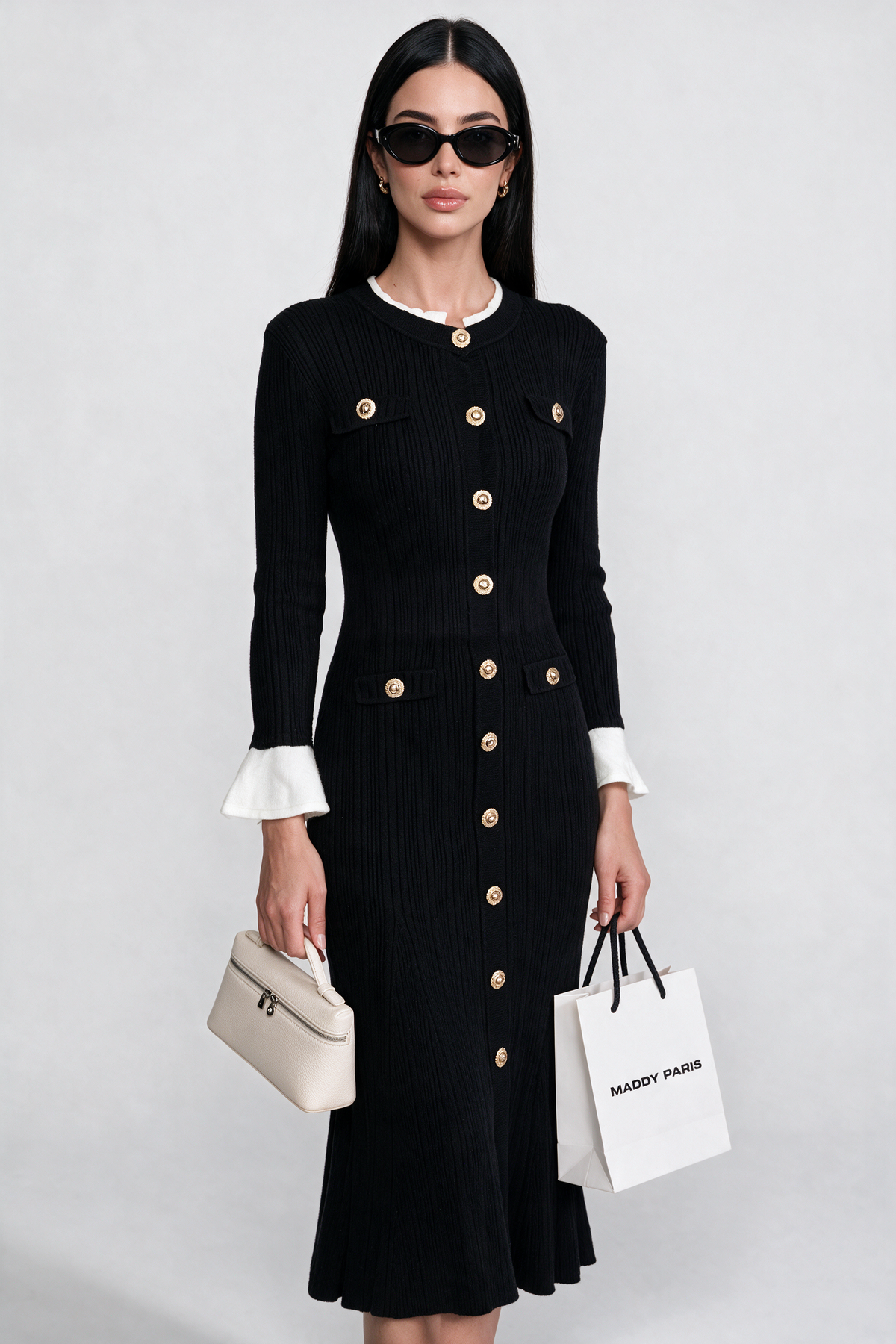 Ribbed Knit Midi Dress With White Cuffs And Collar - Black