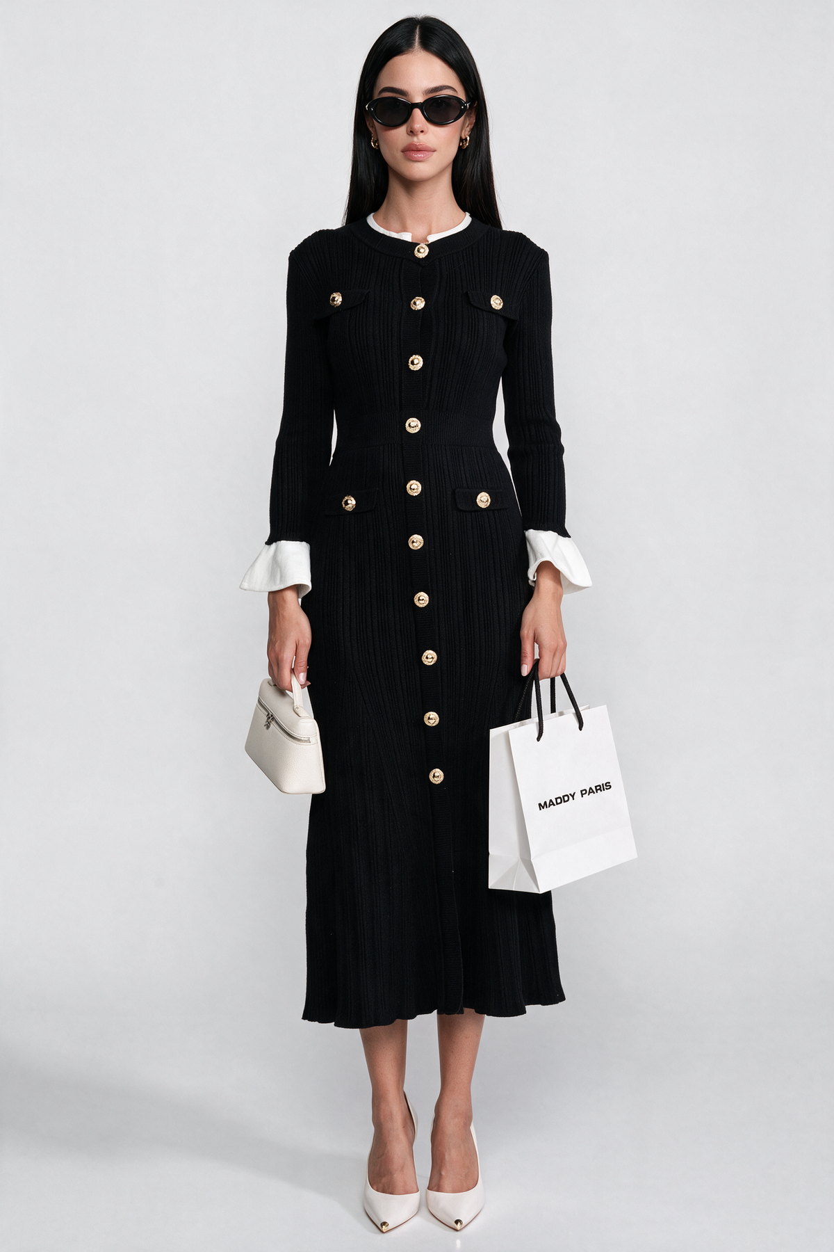 Ribbed Knit Midi Dress With White Cuffs And Collar - Black