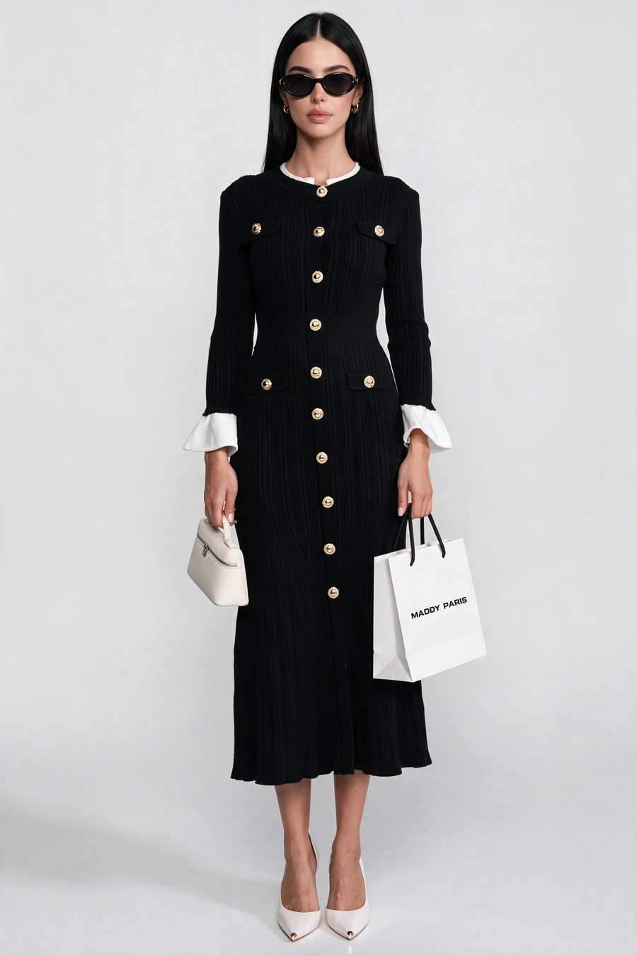 Ribbed Knit Midi Dress With White Cuffs And Collar - Black