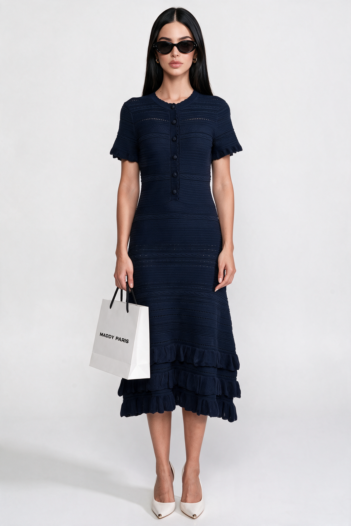 Ruffle Hem Knit Midi Dress With Button Front - Navy