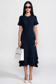 Oleandra Navy Ruffle Hem Knit Midi Dress With Button Front